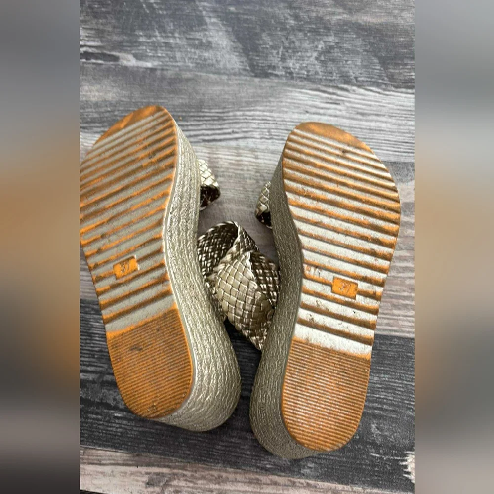 Gold Braided Platform Wedge Sandals Cottagecore Metallic Resortwear